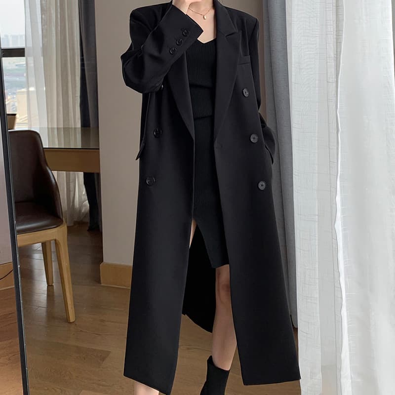 Large Size Women's Long Blazer Jacket for Plus Size, 2023 Spring New Style Loose High-End Knee-Length Trench Coat 92190