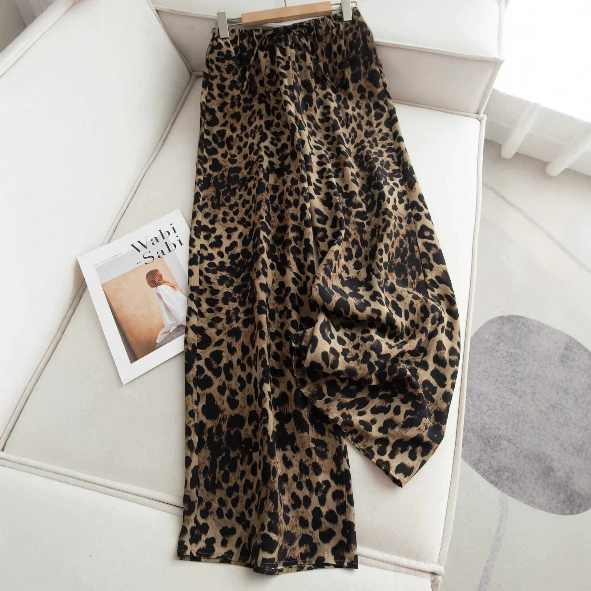 14 Momme Heavyweight Mulberry Silk Elastic High-Waist Leopard Print Casual Pants for Women, Flowy and Breathable Wide-Leg Pants, Summer Casual Pants
