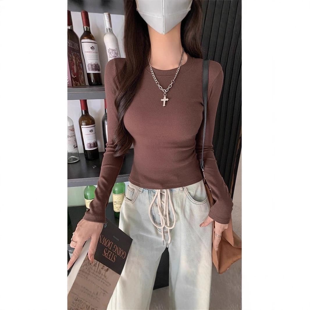 [Right Angle Shoulder] Waist-Cinching Long-Sleeved T-Shirt Women's Slim-Fitting Bottoming Shirt Solid Color Top
