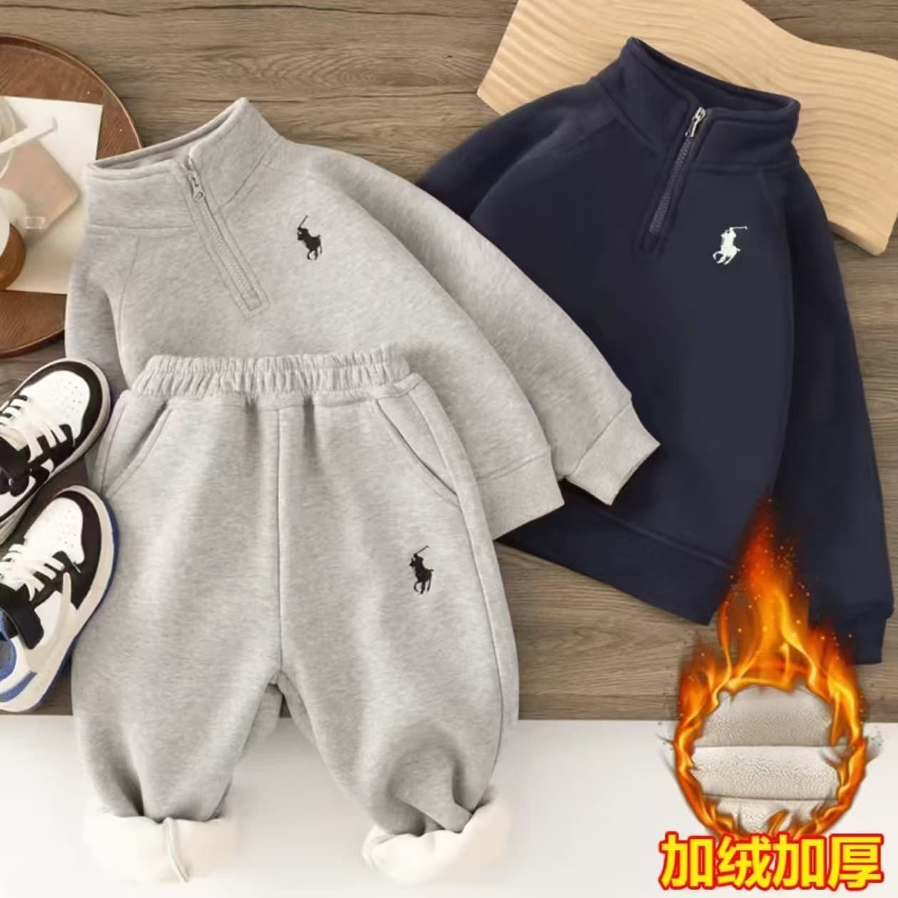Wholesale Children's Fleece Hoodie, Trendy Winter Thickened Warm Sportswear Set, Korean-Style Two-Piece for Boys