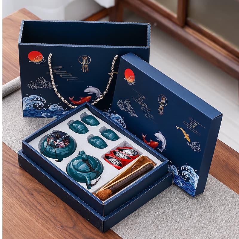 National Trend Business Gift Tea Set: Home Celadon Pot with 4 Cups, Incense Burner & Sandalwood Combo (Logo Customization Available)