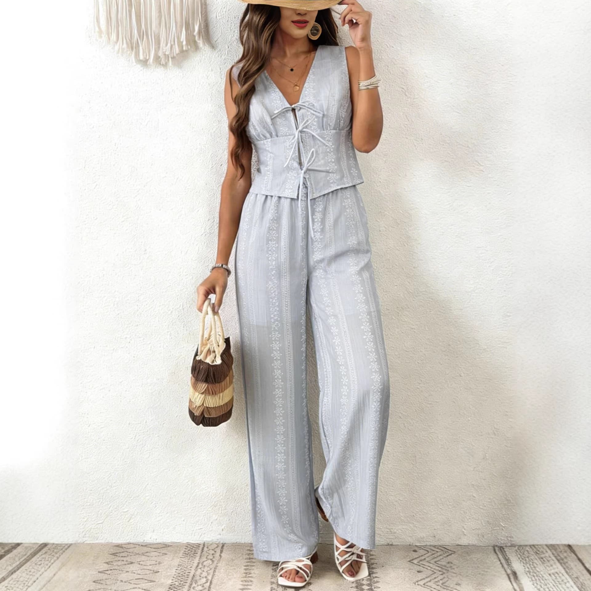 HY European and American cross-border new style sleeveless versatile lace-up vest straight wide-leg pants solid color two-piece suit