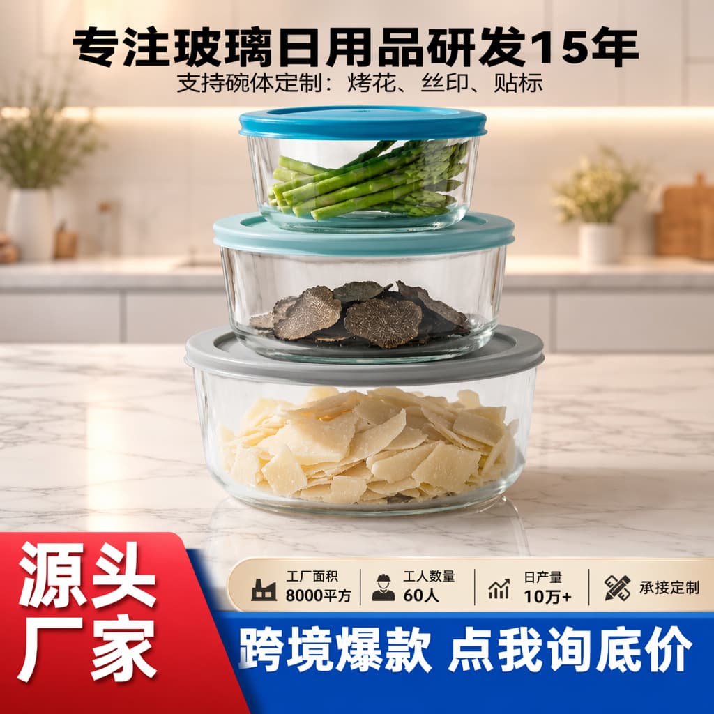 High-Temperature Resistant Glass Food Storage Bowl Microwave Round Glass Bowl with PE Lid Simple Food Container Household Bowl Set Round Bowl