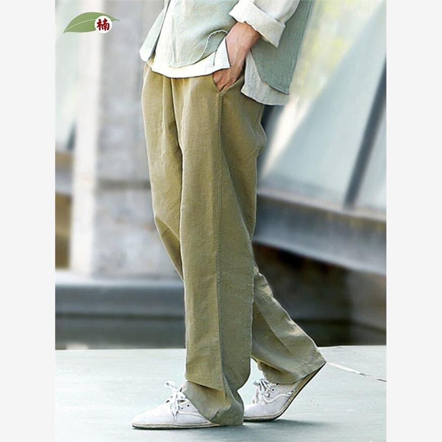 Men's Loose-Fitting Chinese Style Ramie Trousers, Straight-Leg Casual Long Pants, Retro Elastic Waist Pants
