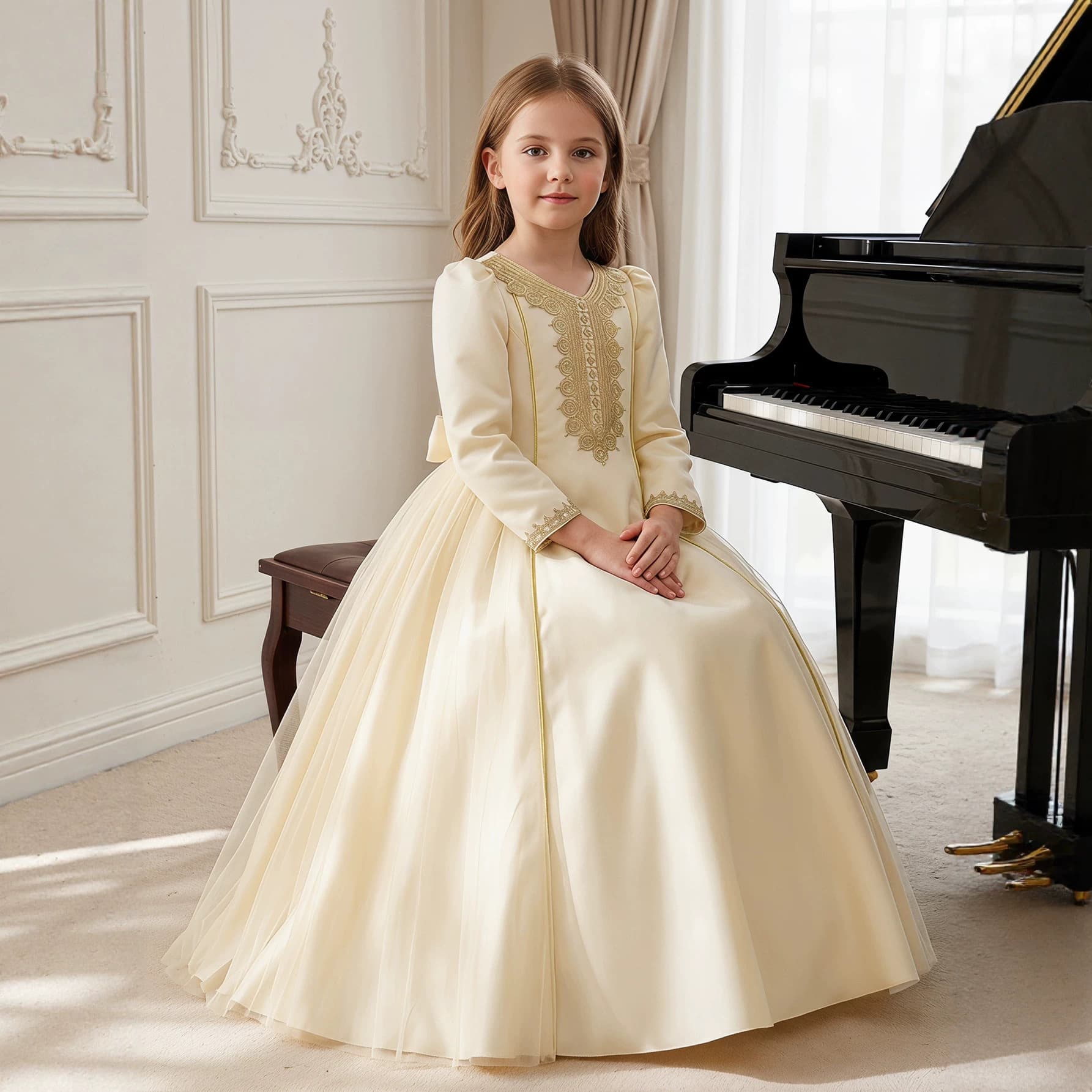 Cross-Border Girls Light-Colored Long Skirt Ethnic Style Gorgeous Lace Dress Children's Foreign Trade Girl Loose Dress Skirt