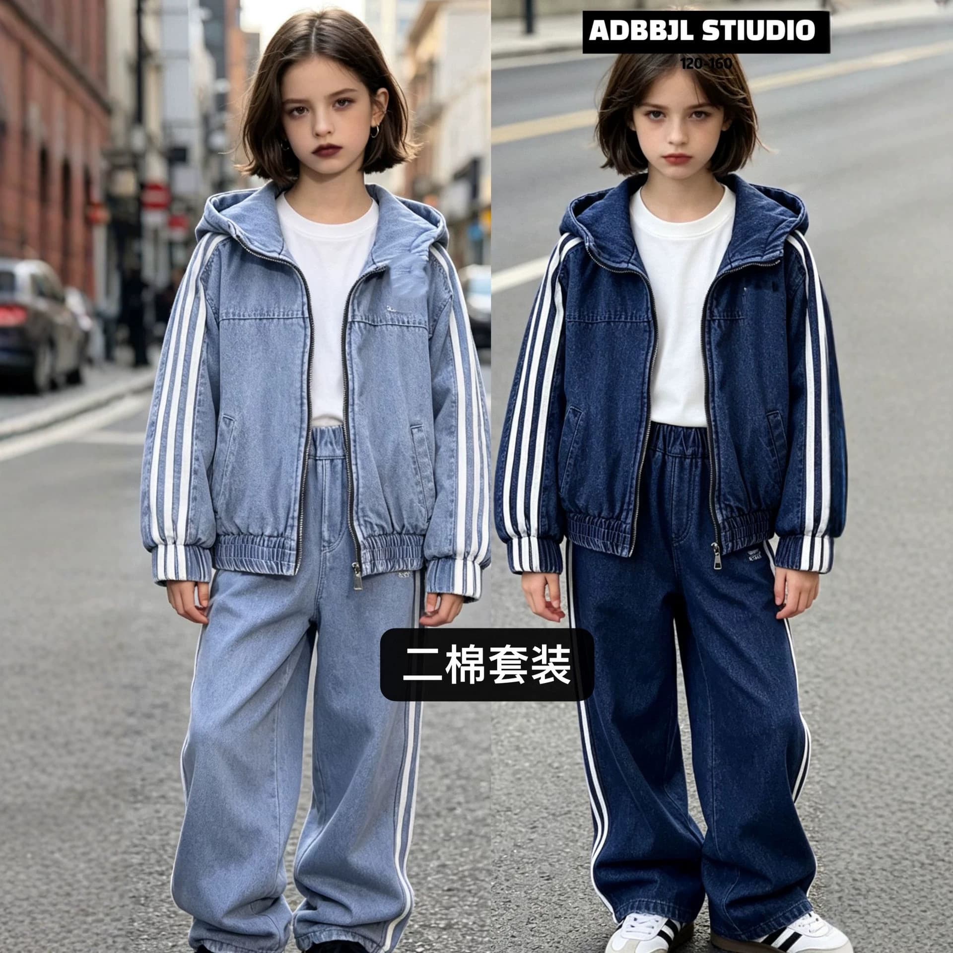 Kids Winter Denim Set Older Kids Casual European-American Style Hooded Zip Jacket Jeans Two-Piece Zhili