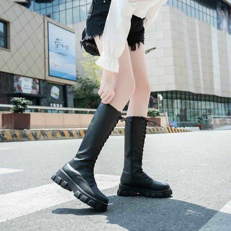 2026 New Martin Boots Thick Sole Black Motorcycle Boots Women Spring Summer Mid-Calf Boots High-Top Riding Boots