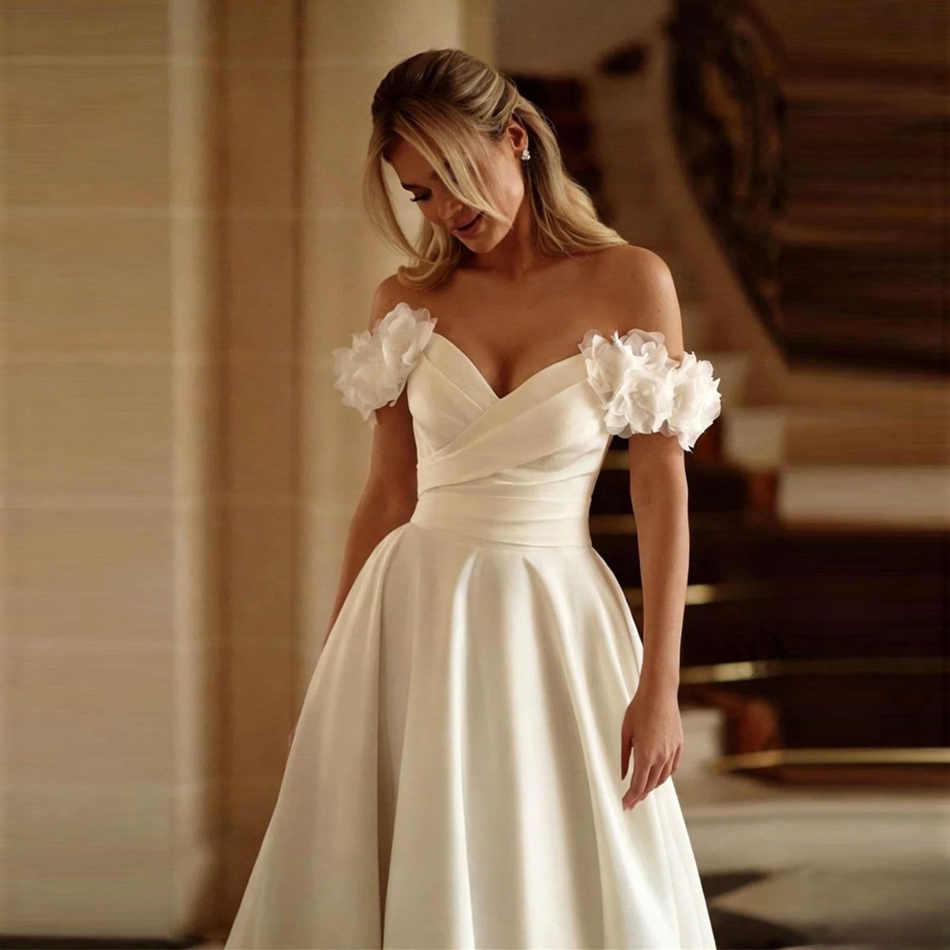 2026 New French Satin Wedding Dress One-Shoulder High-End Slimming Princess A-Line Floral Short Sleeve Small Train Fairy