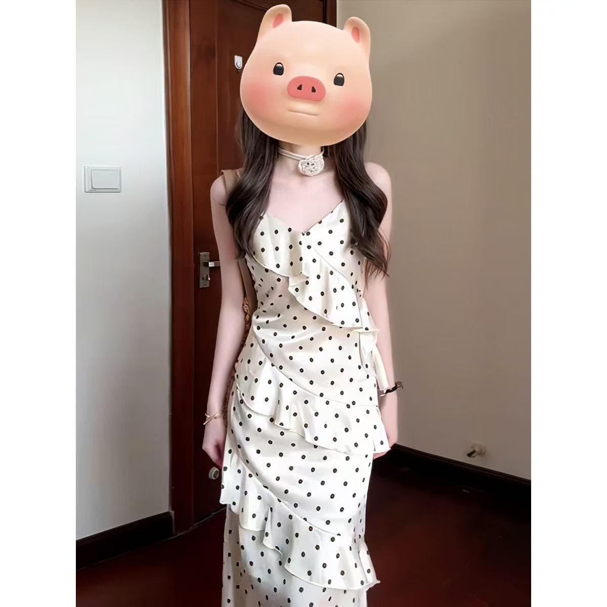 2026 Summer New Waist-Tightening Slimming Pure Desire Ruffle Hem Long Dress French Polka Dot Strappy Dress for Women