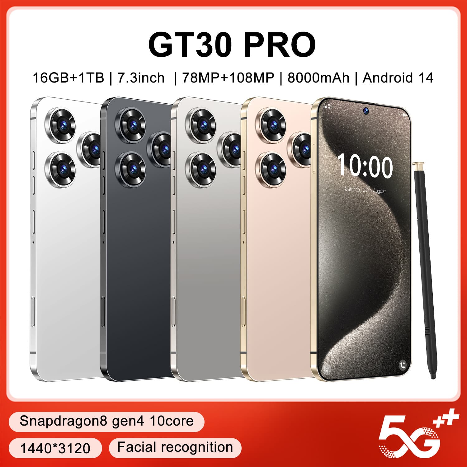 Cross-Border Mobile Phone Original Genuine Product Gt30 Pro Smartphone 7.3 Large Screen 16+1T Direct from Manufacturer in Stock for Dropshipping