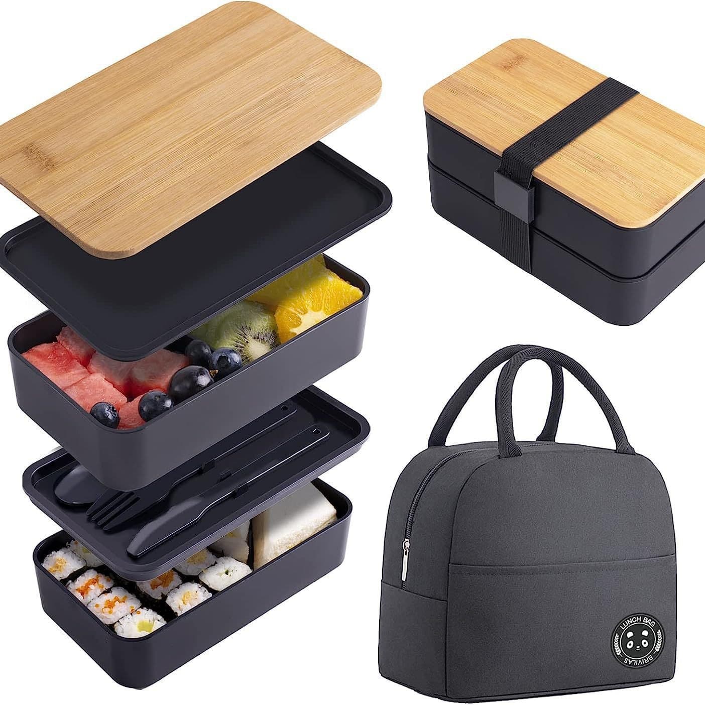 Portable Double Layer Large Capacity Wood Grain Lunch Box Microwave Safe Adult Lunch Box Modern Simple Style Rectangular Food Container
