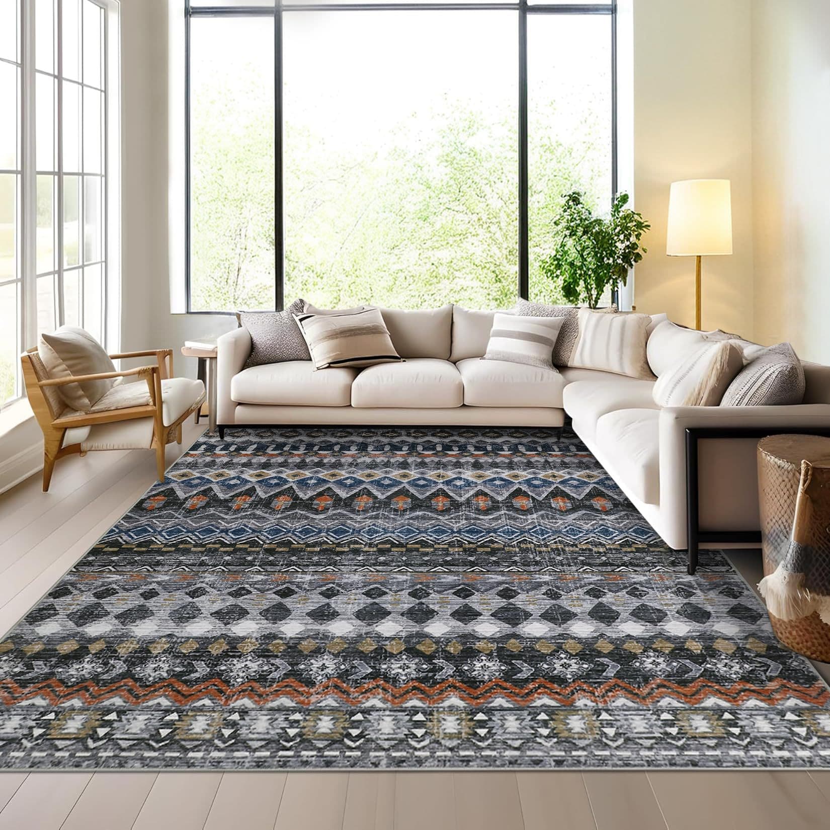 Persian Style Vintage Floral Area Rug for Living Room Sofa, Large Coverage, Easy to Clean and Stain-Resistant Mat