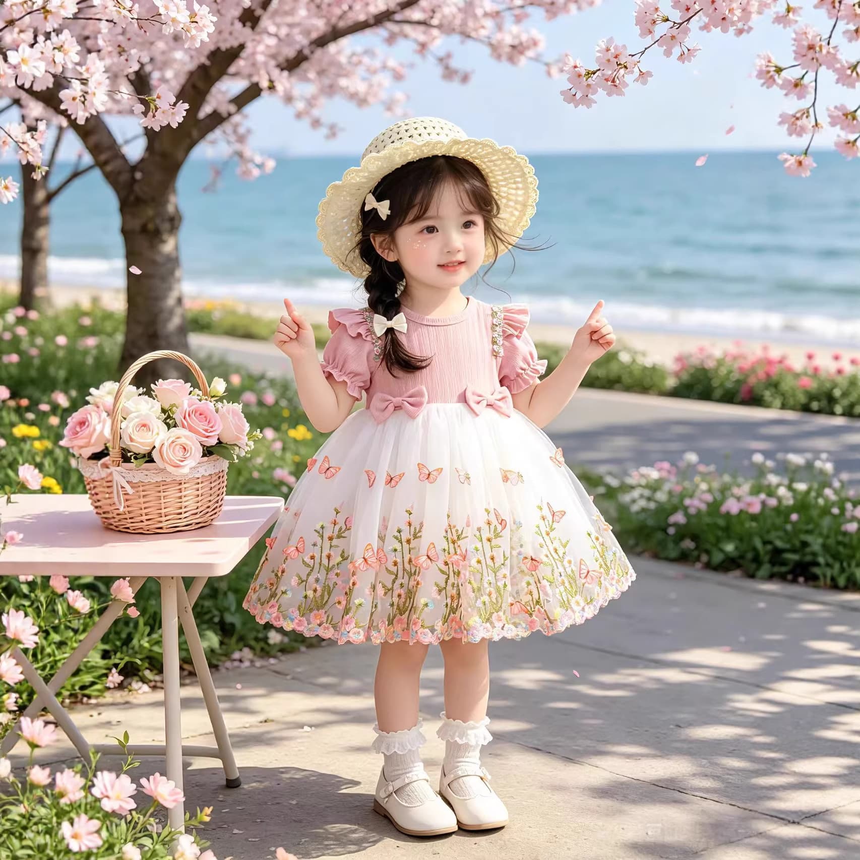 2026 New Summer Sweet Embroidered Princess Dress for Girls with Hat, Little Girl's Puffy Dress 1676