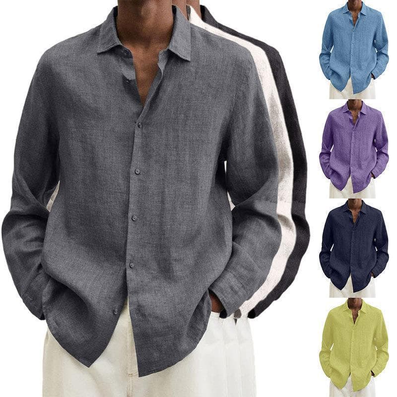 2023 independent station wish Amazon popular all-season long-sleeved V-neck loose button cotton and linen cardigan shirt for men