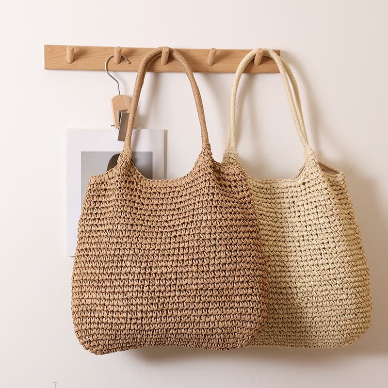 Large Capacity Straw Woven Tote Bag Casual Vacation Shoulder Bag Fashionable Women's Bag Business Commuting Style Magnetic Buckle Opening