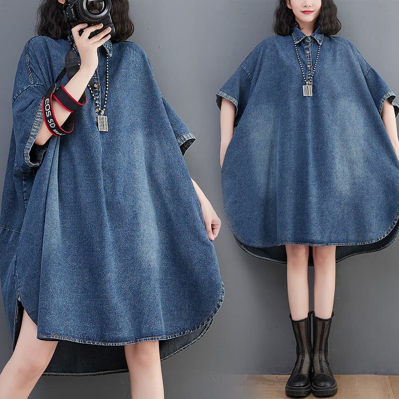 Real shot Hong Kong style fashionable short front and long back loose large shirt dress summer thin denim dress
