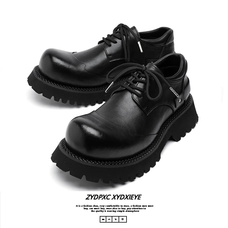 Big Toe Derby Shoes Men's Thick Bottom Heightened Black Tooling Low-top Casual British Style Leather Shoes 66689-B