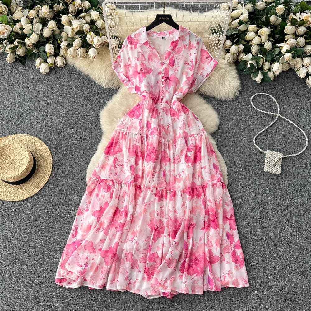 French Chiffon Print Vacation Style Dress Women's Summer New Style Waist-cinching Slimming Elegant Large A-line Skirt
