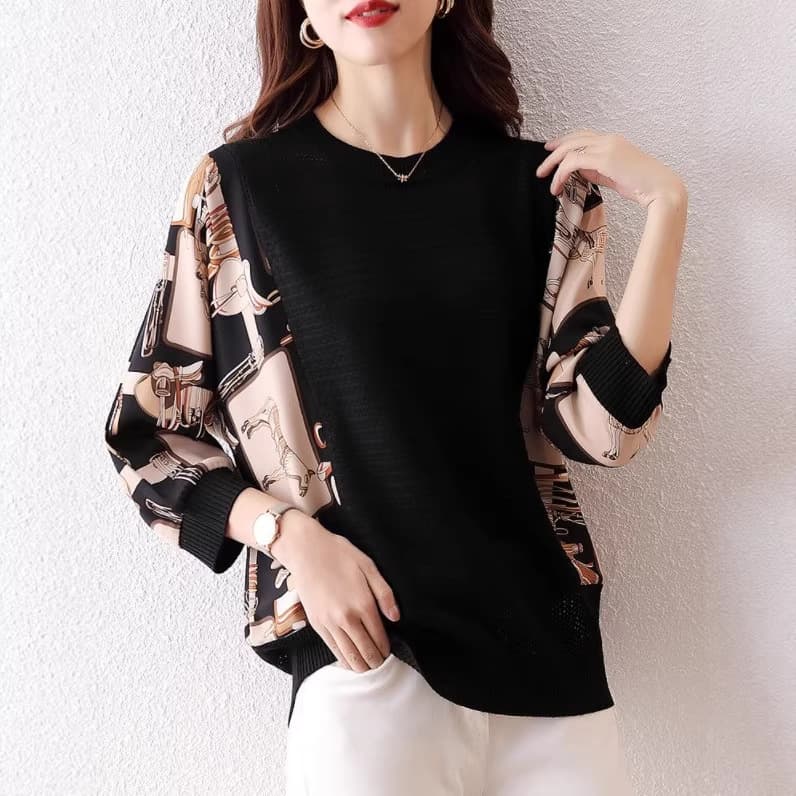 Printed Batwing Sleeve Knit Chiffon Blouse for Women 2026 Autumn New Silk-like Top Thin Casual Stretch Chiffon Shirt
