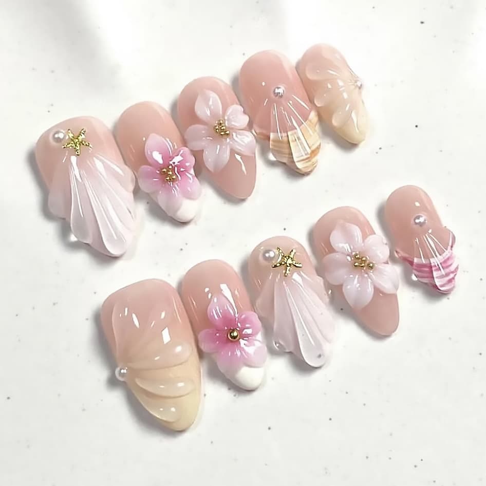 European and American Cross-Border Almond Nail Pearl Shell Handmade Wearable Nail Finished Product Factory Wholesale High-End Wearable Nail Finished Product