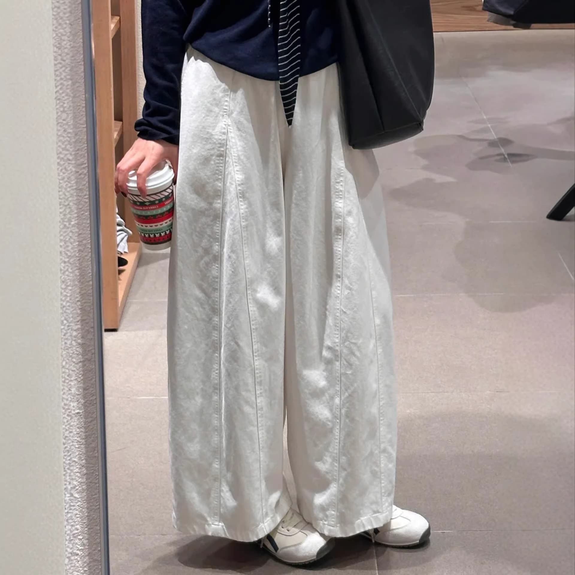 Japanese lazy style white pants for women in spring, small, wide-leg casual pants, fat mm, large size, slim scimitar overalls