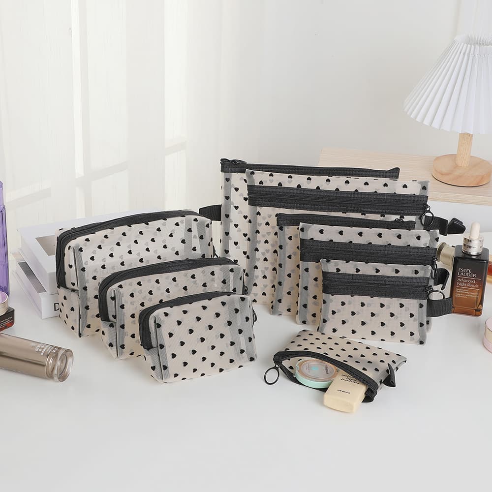 Portable Heart-Shaped Mesh Cosmetic Bag Multi-Style Lipstick Touch-Up Card Bag Carry-On Makeup Bag Breathable Ultra-Light Nylon Unisex