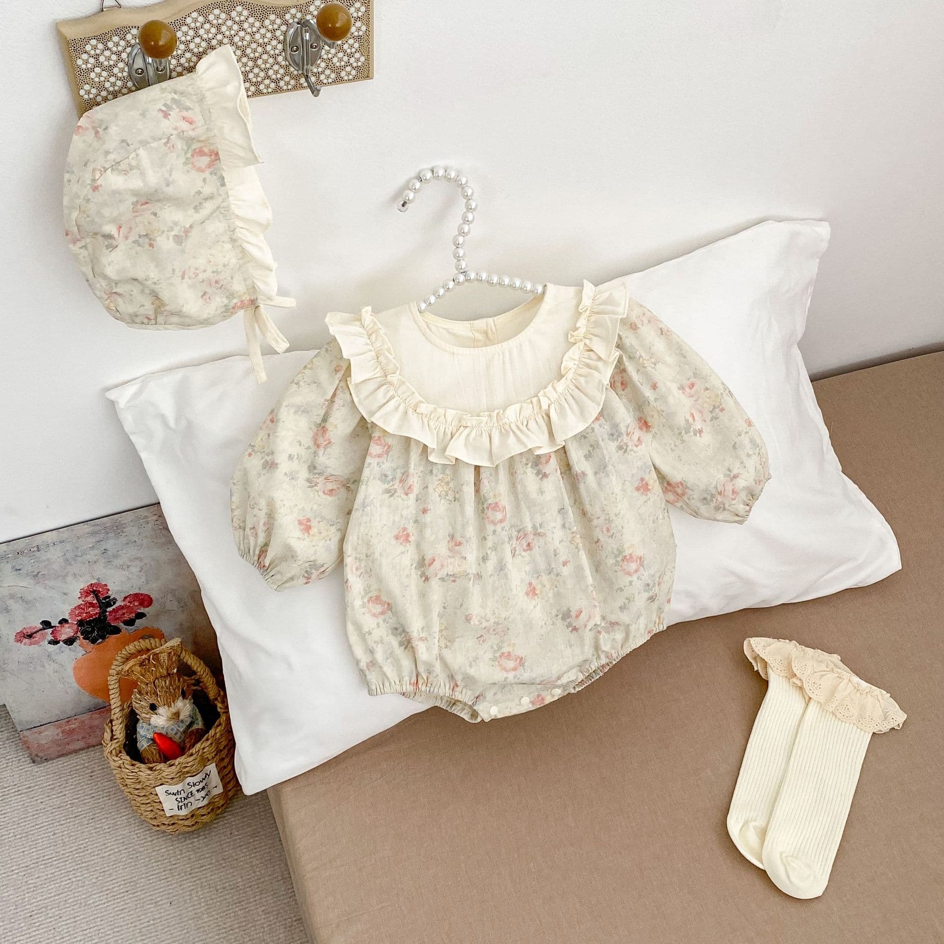 Spring Korean Style Baby Girl Outfit 1-3 Years Old Floral Print Romper Cotton Crawling Suit Sweet Outdoor Clothes