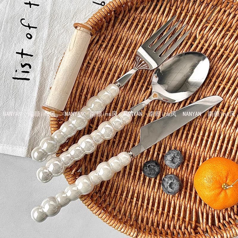Korean-style Cream Texture Pearl Ceramic Handle High-Quality Stainless Steel Soup Spoon Dessert Fork and Spoon Set
