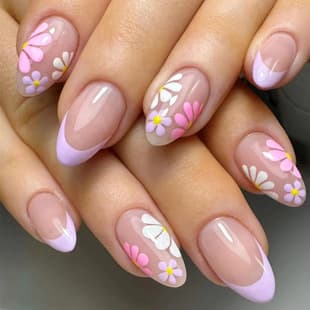 Short Glossy Oval Nails, Spring/Summer New Style, Light Purple French Multi-Color Floral, Fresh and Versatile, European/American Export, 24 Pieces