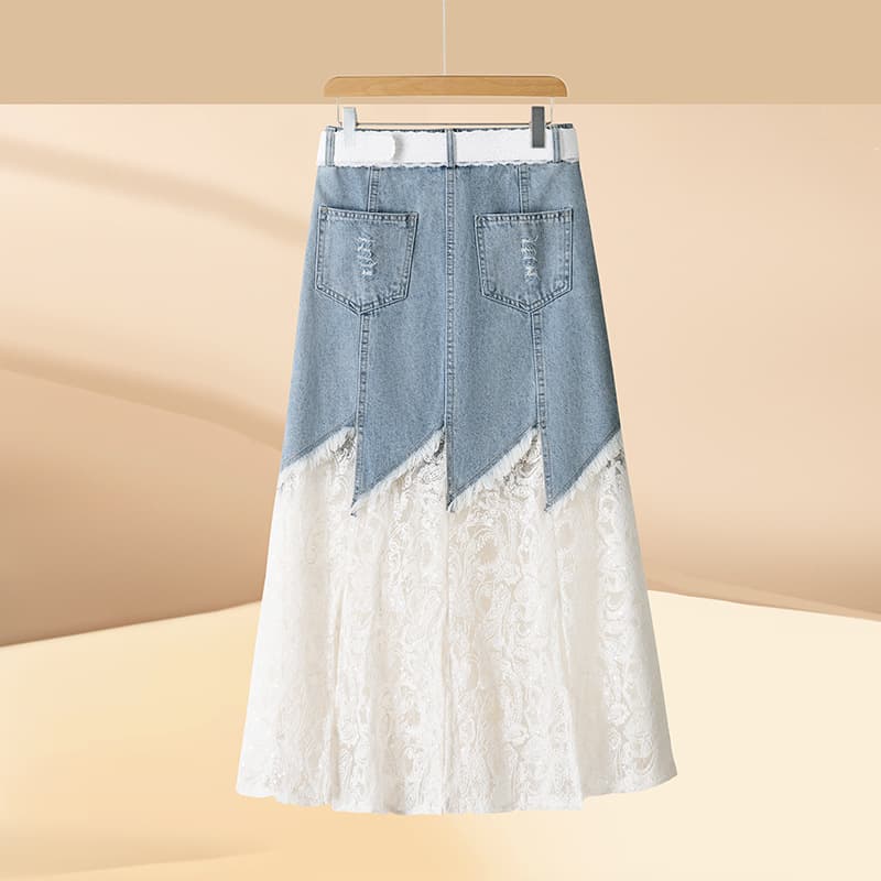 Women's Denim Skirt Summer New Blue Lace Patch A-Line Skirt High Waist Thin Pleated Short Skirt Sweet Cool