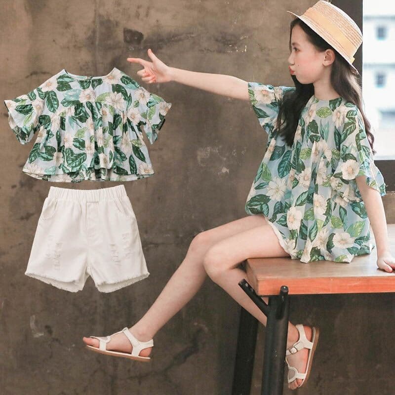 Girls Summer Outfit Set 2026 New Summer Style Korean Version Kids Internet Celebrity Two-Piece Set Girls Children's Clothing Fashionable Trendy