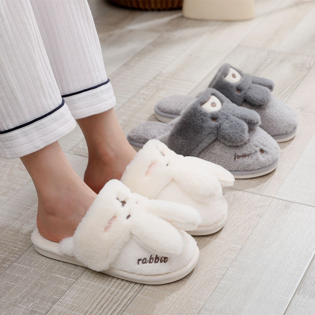 Stuffed Cotton Slippers for Women Autumn and Winter New Cute Rabbit Couple Home Confinement Indoor Mute Warm Cotton Shoes for Men