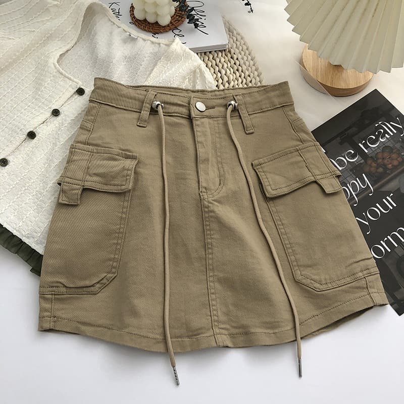 Summer Short Skirt 2026 High Waist Slimming New Half Skirt A-Line Japanese Women Denim Skirt Green Cargo