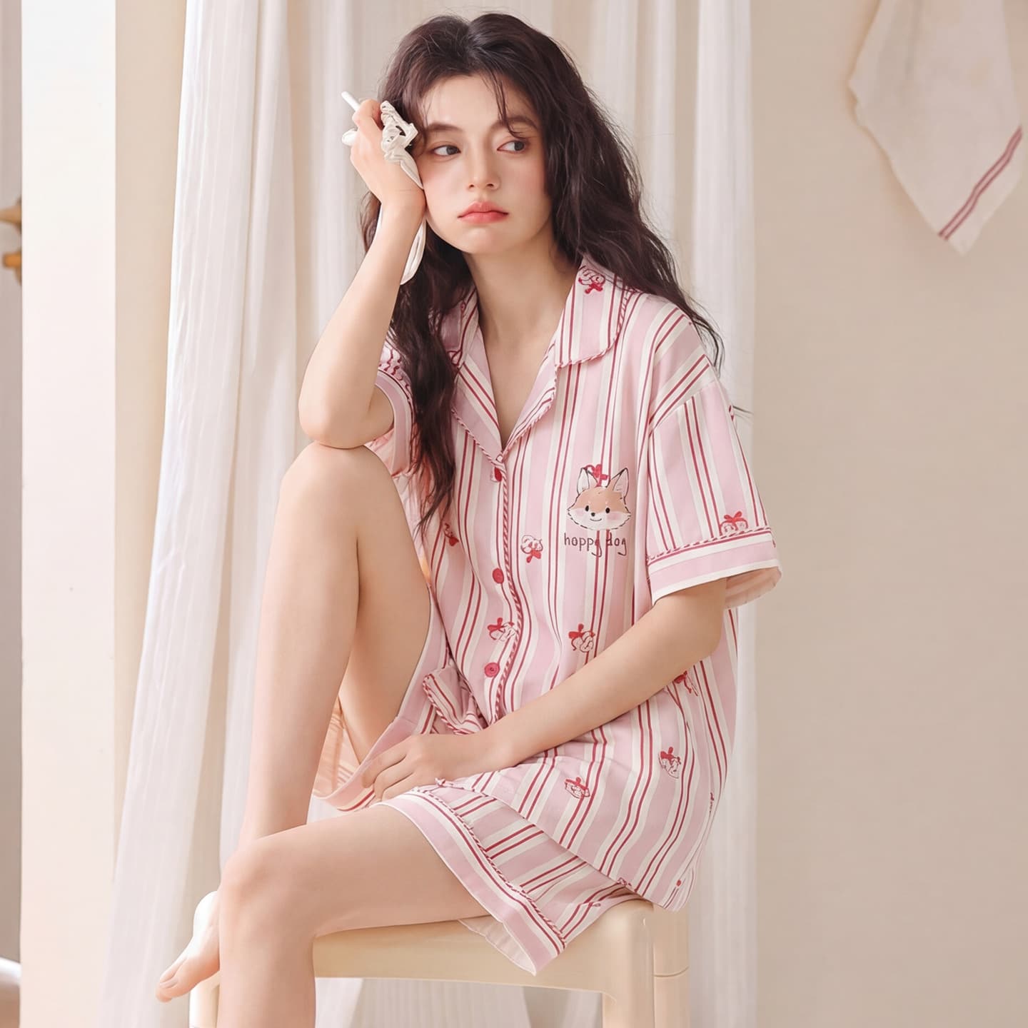 100% Pure Cotton Summer Women's Pajamas, Short-Sleeve Shorts, Cardigan, Lightweight, Sweet, Casual Homewear Set, Two-Piece Set
