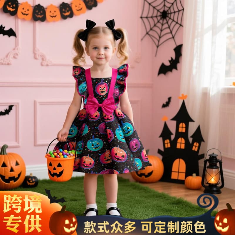 New Children's Halloween Princess Dress for Girls, Satin Printed Girls' Formal Dress, Kids' Party Dress