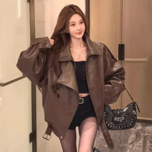 European Vintage Zipper Lapel Leather Jacket for Women Fall Winter New Designed PU Jacket Motorcycle Coat Cross-Border