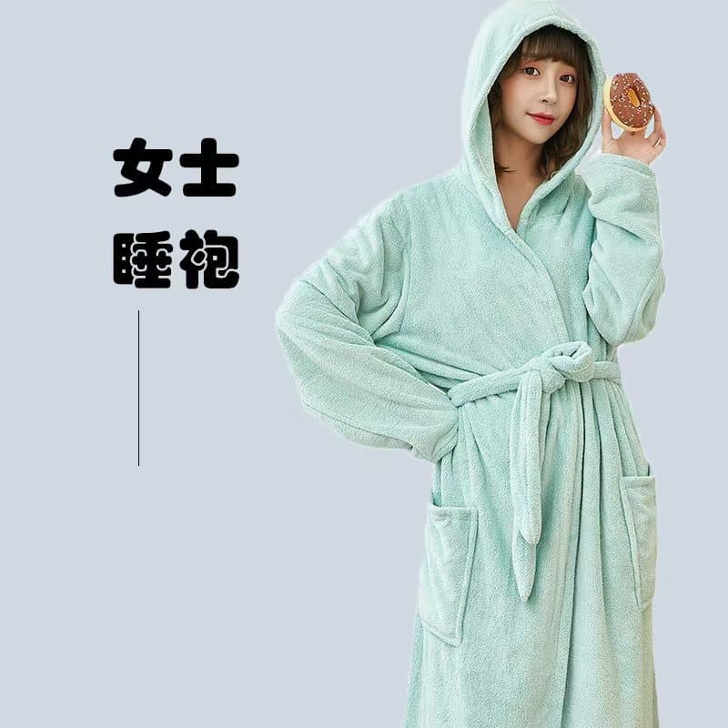 Bathrobe Adult Solid Color Hooded Bathrobe Soft Absorbent Coral Fleece Bathrobe Men's Women's Long Robe Homewear Morning Robe Cross-Border