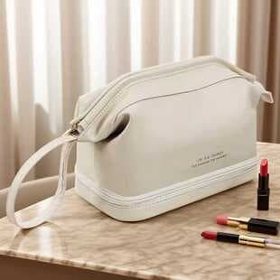 PU Double-Layer Cloud Makeup Bag, Large Capacity Multi-Functional Cosmetic & Toiletry Organizer with Handle, Makeup Brush Holder