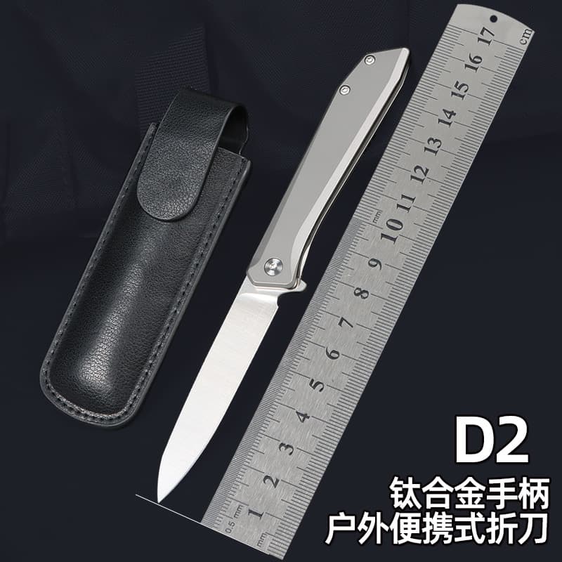 Cross-border outdoor titanium alloy folding knife D2 steel mini portable knife with leather case CNC computer Luoyangjiang knife