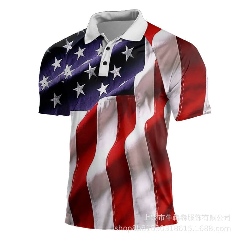 2025 New Casual Men's Short Sleeve Henley Independence Day Element Two-Button Raglan Polo Shirt for Cross-Border EU/US Markets