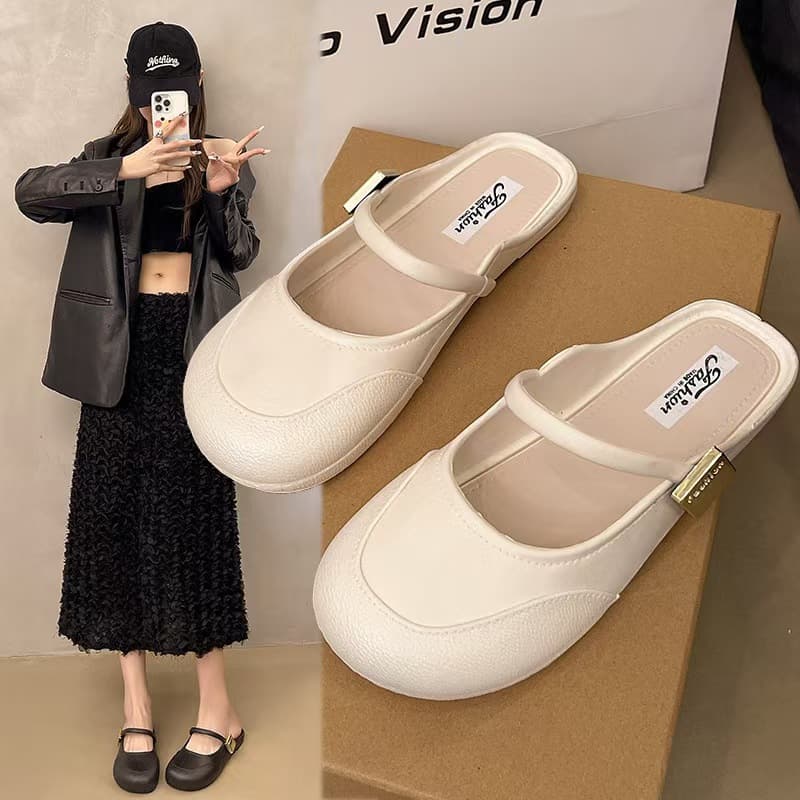 Women's Closed-Toe Slippers Summer Soft Sole Retro French Style Lazy Shoes New One-Step Half Slippers Beach Slippers