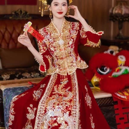 2026 New Velvet Winter Heavy V-Neck Xiuhe Wedding Dress for Bride Chinese Traditional Dragon Phoenix Gown Slimming