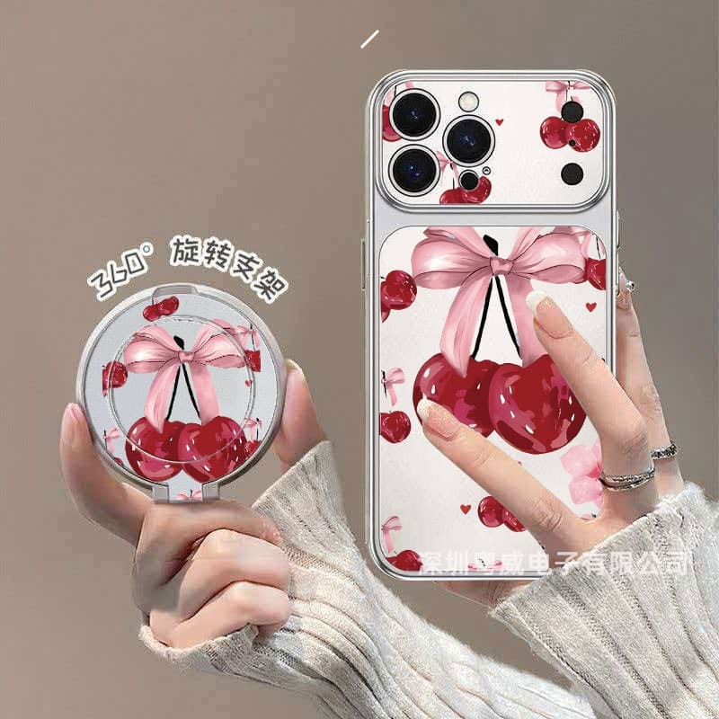 Pink silk with cherry suitable for Apple 17promax mobile phone case iPhone16pro large window 15 leather texture bracket 1