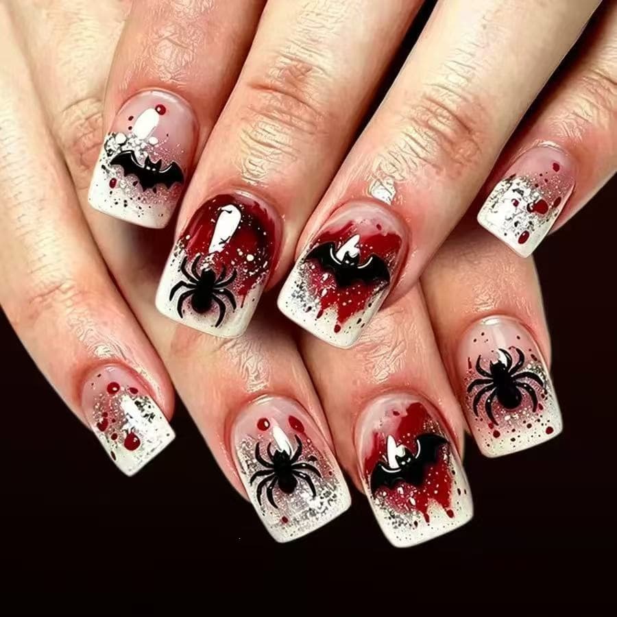 Halloween Bloody Gradient Wearable Nails Bat Spider Blood Drop Short Square Nails Blood Stain White Gradient Glitter Party Nails