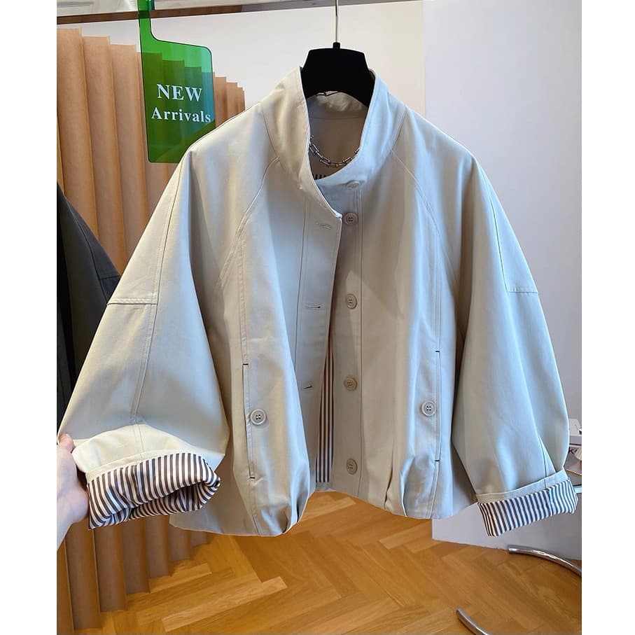 European Style British Stand Collar Jacket for Women 2025 New Loose Casual Lined Striped Short Trench Coat
