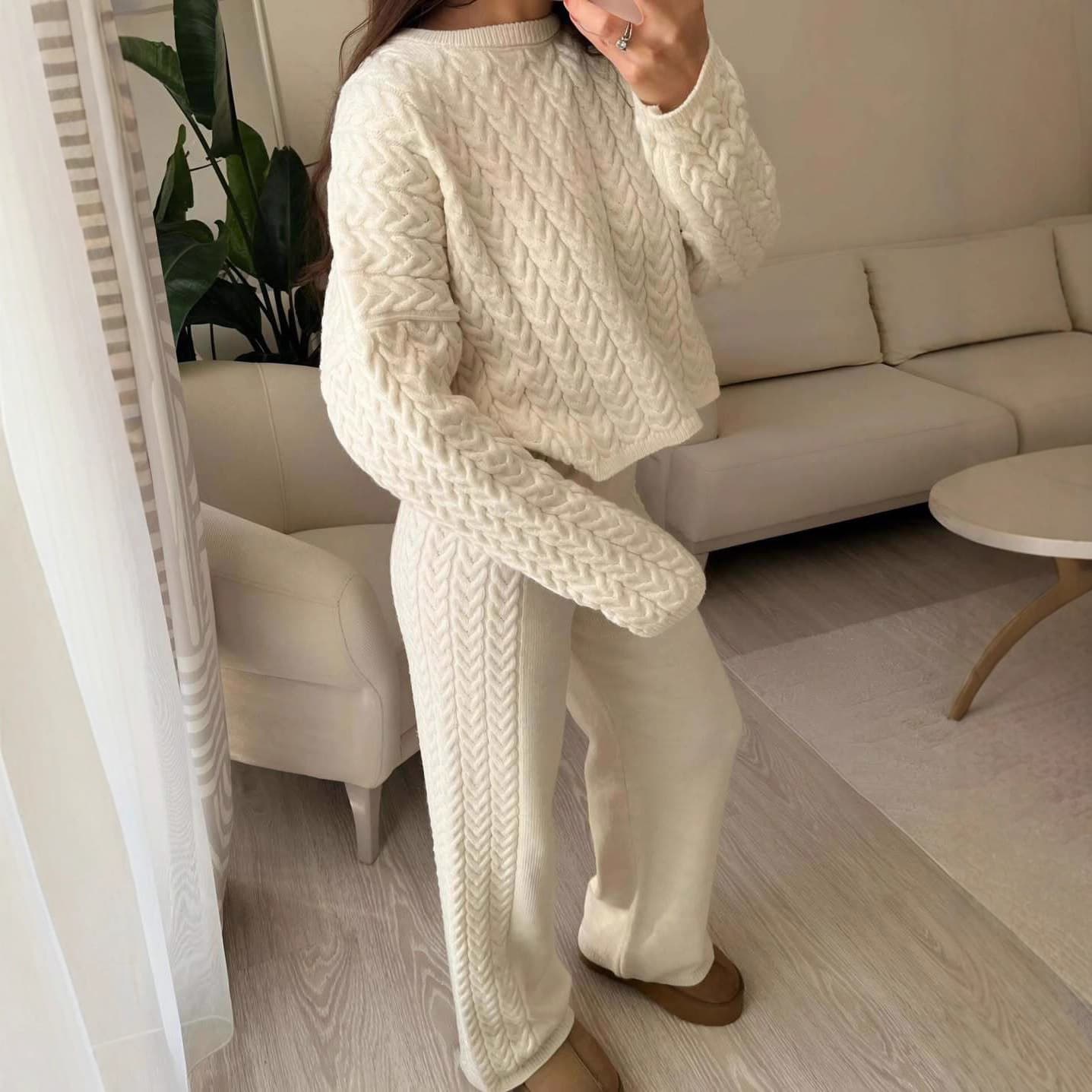 Cross-border Women's Fashion Amazon 2025 Fall New Loose Round Neck Cable Knit Sweater Casual Warm Pants Set