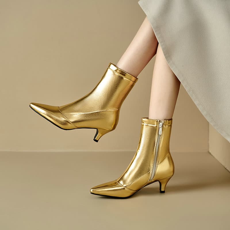 Women's Pointed Toe Kitten Heel Ankle Boots, Gold Silver, Fashion Warm Cotton Ankle Martin Boots