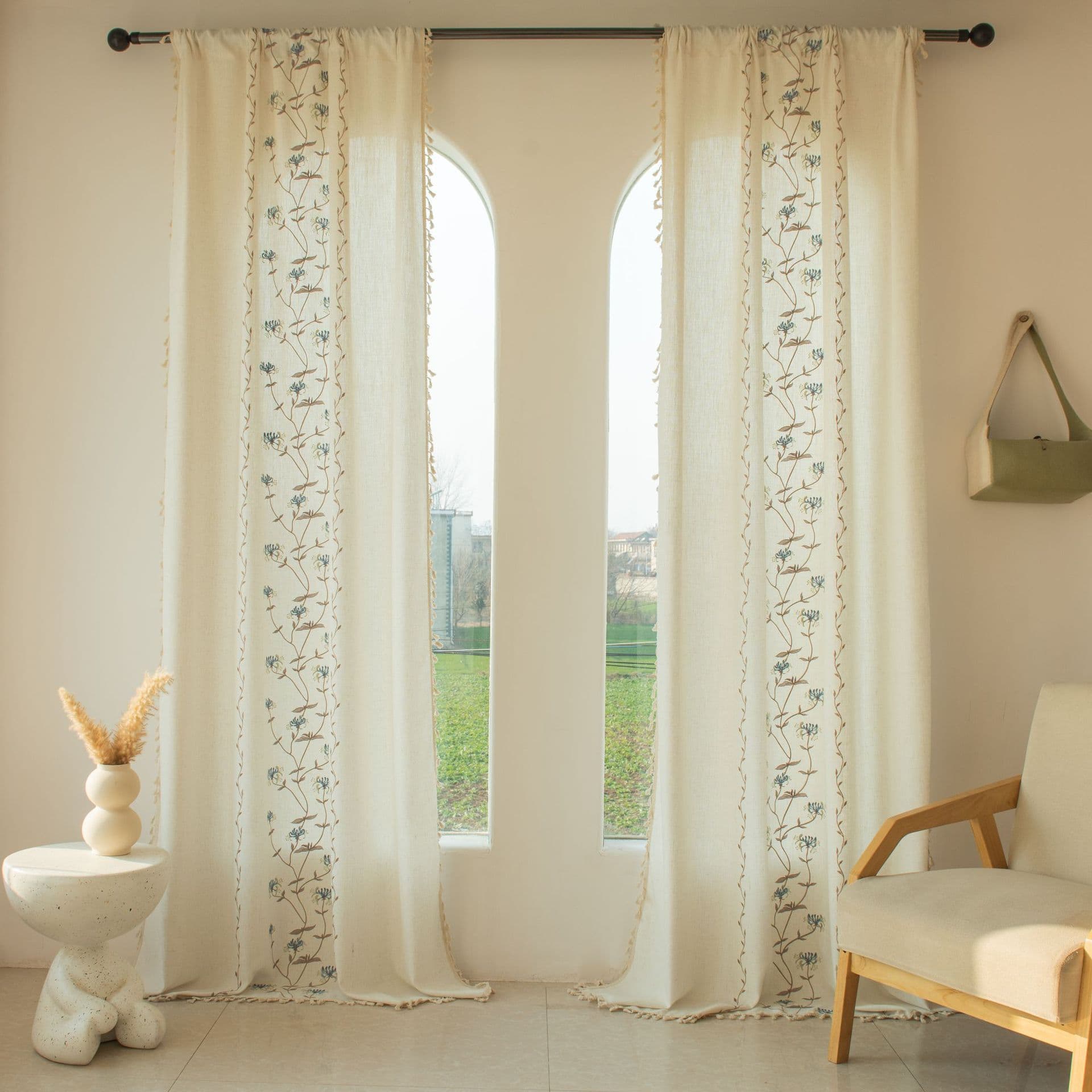Nordic Style Fabric Curtain Finished Light Transmitting Pervious to Other Shore Flower Embroidered Tassel Decoration Living Room Kitchen Shelter Curtain