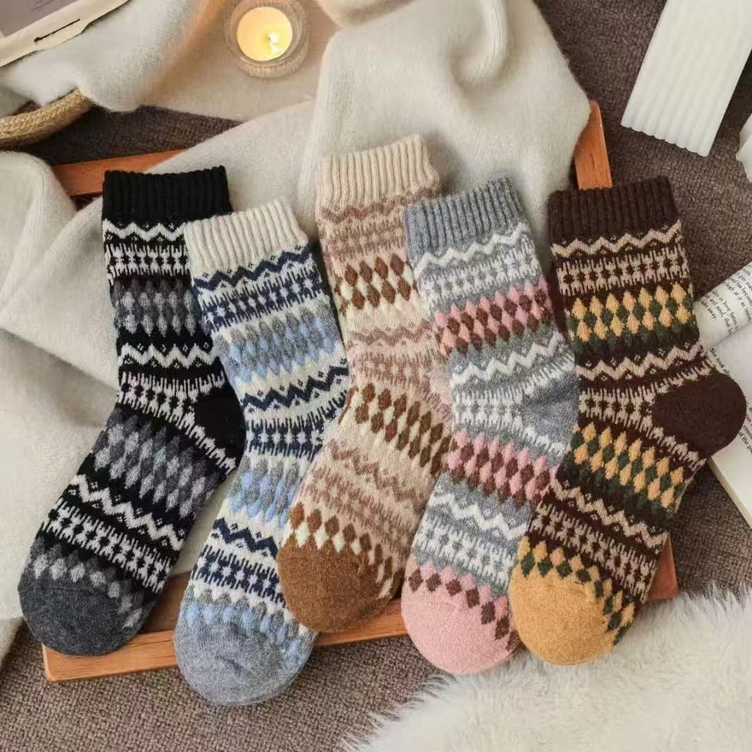 Fair Isle socks retro wool women autumn winter women ethnic style artistic mid-calf scrunch socks long winter thickened