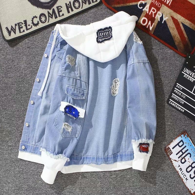 026 Jacket Men's Spring and Autumn Ins Fashion Versatile Loose Handsome Hooded Splicing Fake Two-piece Workwear Denim Jacket